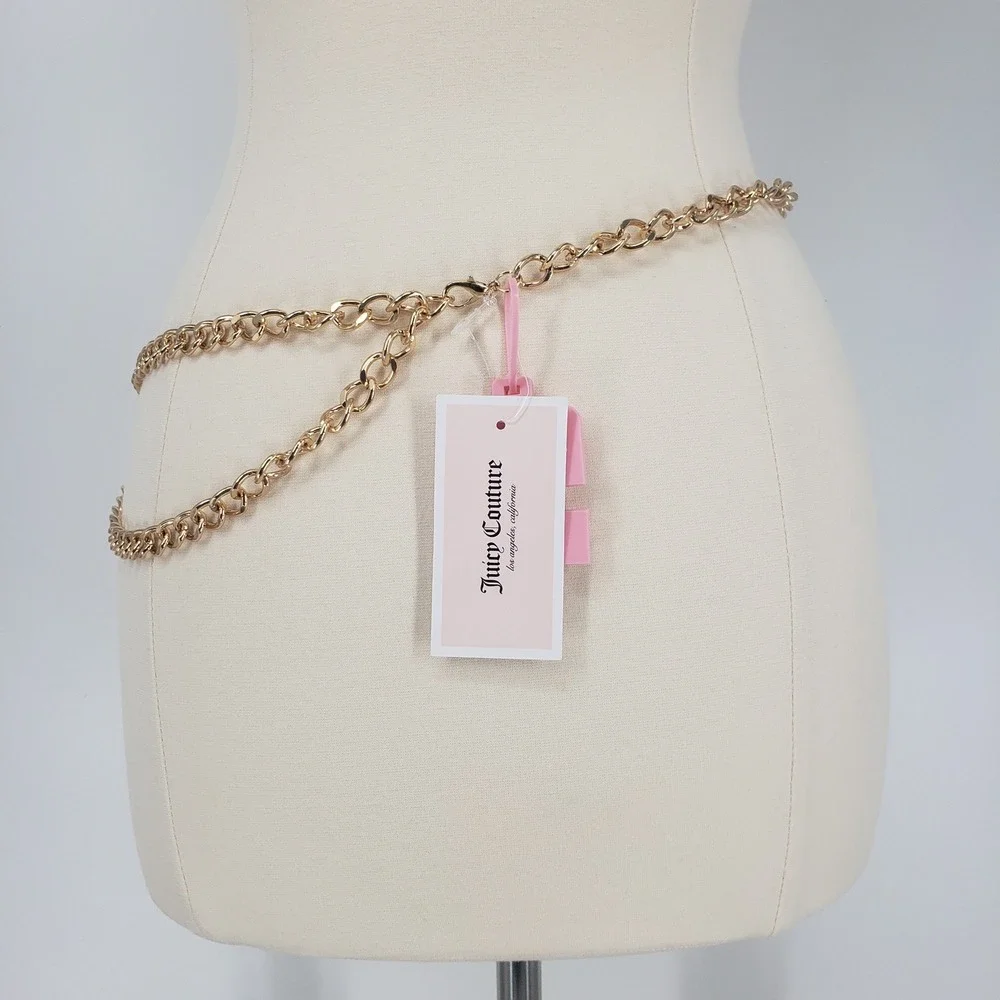 Juicy Couture Charm Chain Belt Women 1X Gold Pink Heart Crown Bee Y2K Rhinestone